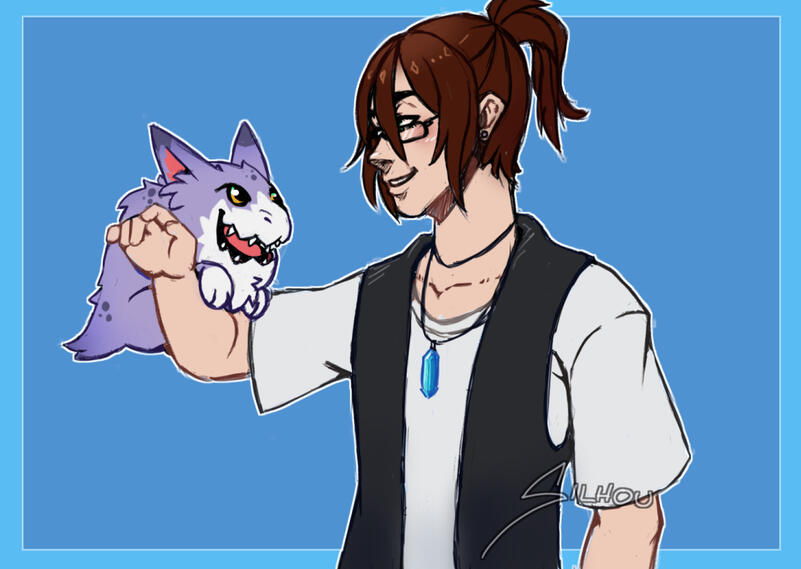 A human digimon tamer with his arm held up, looking at his digimon partner, Dorimon, that is perched there.