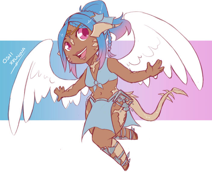 A colored sketch of a chibi Au Ra with angel wings, hovering across a blue and pink background.