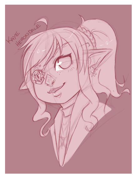 A pink toned portrait sketch of a Lalafell smiling.